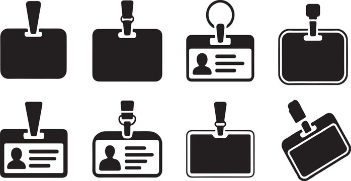 Collection of black and white ID badges and name tags vector icons set.