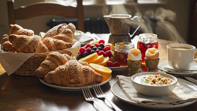 Breakfast spread with croissants, fruit, coffee, and eggs