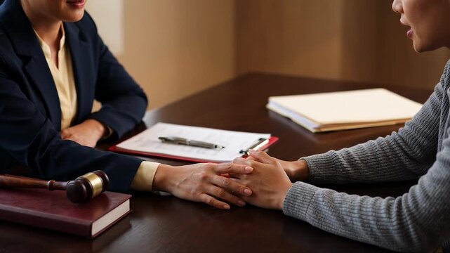 Woman in a business suit holding hands with another person across a desk with a gavel and books