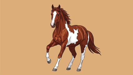 Dynamic illustration of a spirited pinto horse with a flowing mane and tail, captured in a graceful trotting pose, showcasing its majestic beauty and elegant movement on a plain background © Awais