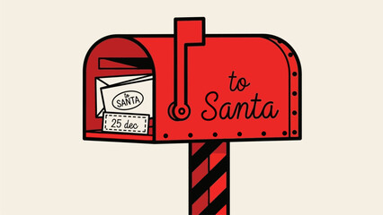 Festive Red Mailbox with Letter Addressed to Santa Claus, Featuring a Christmas Card and a Diagonal Striped Post, Ready for Holiday Wishes