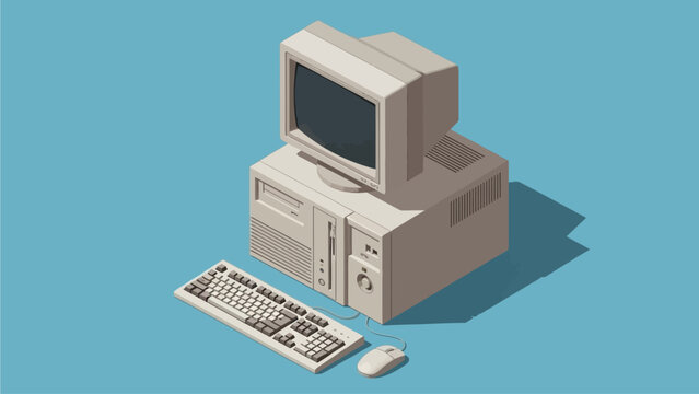 Retro beige desktop computer tower with monitor, keyboard, and mouse on a blue background