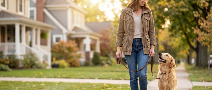 A woman walking with her pet dog enjoying a leisurely stroll down a suburban street, bathed in the soft glow of a golden afternoon light.