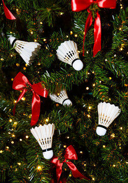 Decorative Badminton Shuttlecocks on a Christmas Tree With Lights