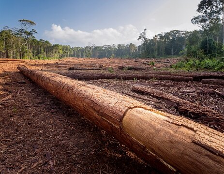 large tree log lies on clearcut area of amazon rainforest