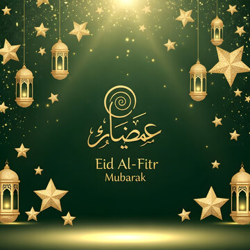 Eid Al-Fitr Mubarak greeting card with golden lanterns and stars on dark green background