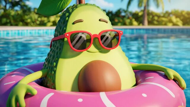 Cartoon avocado with sunglasses relaxing in a donut floatie