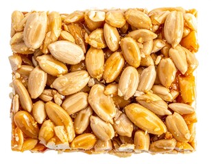 Fototapeta premium Nutty Square Treat. Seeds and nuts bound in a glistening caramel-like matrix. Isolated on white background