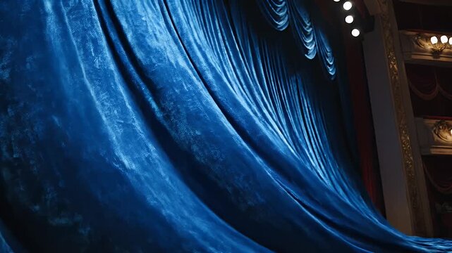 A Velvet Blue Theater Curtain Dominates The Stage With Ornate Proscenium Framing And Lighting