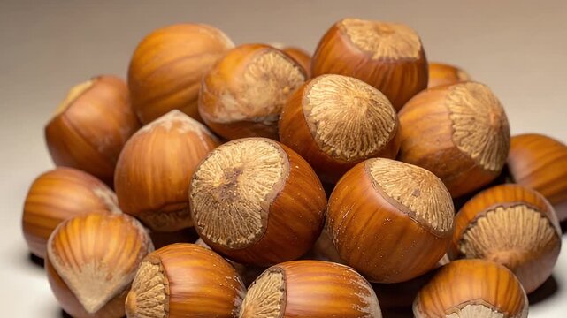 Close-up of fresh hazelnuts arranged in a pile, perfect for food-related projects, healthy eating, or snack industries.