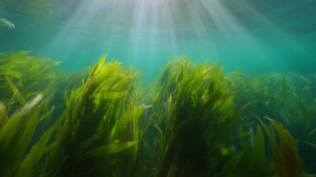 Sunlight Streaming Through Lush Underwater Seagrass Meadow Generative AI