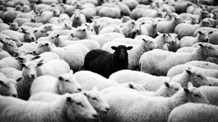 Fototapeta premium Dramatic black sheep standing out in a sea of white sheep, creating a striking contrast in monochrome tones