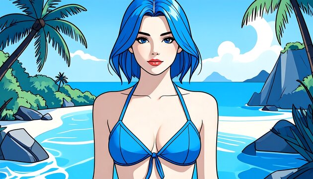 Blue-haired woman in bikini, tropical beach scene. Cartoonish style, bright