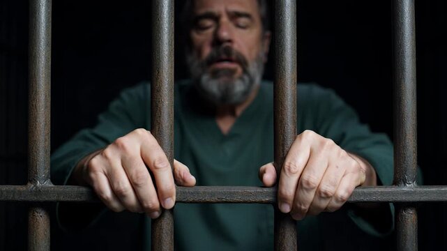 A man with a beard and mustache grips prison bars with a somber expression in a dark setting