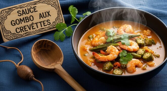 West African Sauce Gombo with Shrimp and Okra on Indigo Cotton with Steam