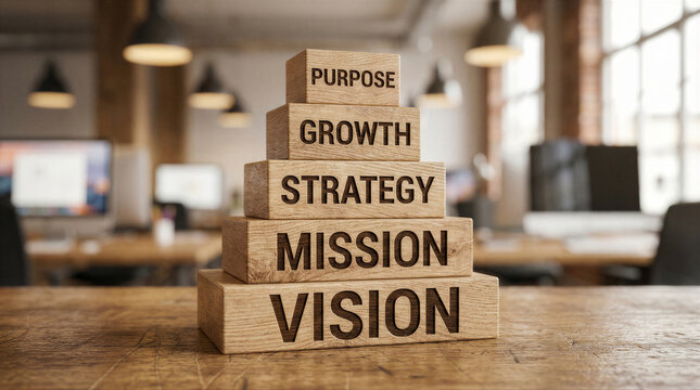 Wooden blocks stacked with words like vision, mission, strategy, growth, and purpose in a modern office