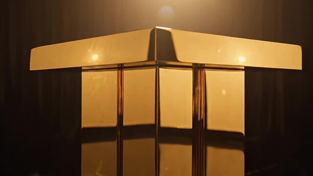 An isolated, T-shaped wooden block structure illuminated by a single spotlight atop a dark stage with a reflective marble floor