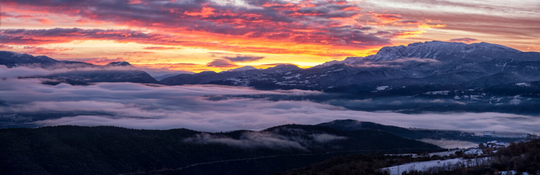 Panoramic Snow-Covered Sunrise in the Valira Valley with Serra del Cad