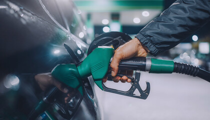 Hand Holding Green Fuel Nozzle Refueling Car at Night