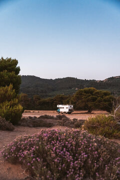 camper truck in remote greek countryside landscape