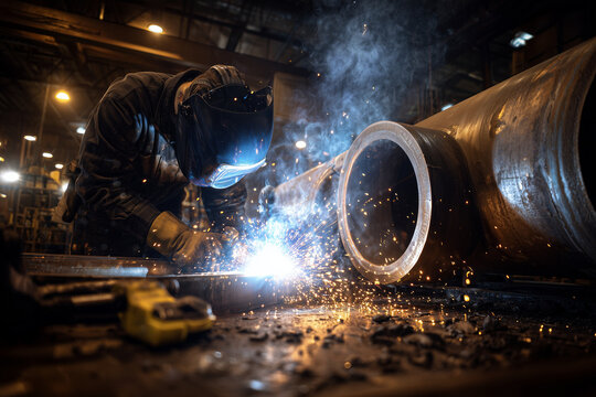 Operario equipado con casco y guantes soldando superficie met&aacute;lica entre chispas brillantes en instalaci&oacute;n industrial, tuber&iacute;as y equipos pesados. Seguridad laboral en procesos de fabricaci&oacute;n metal
