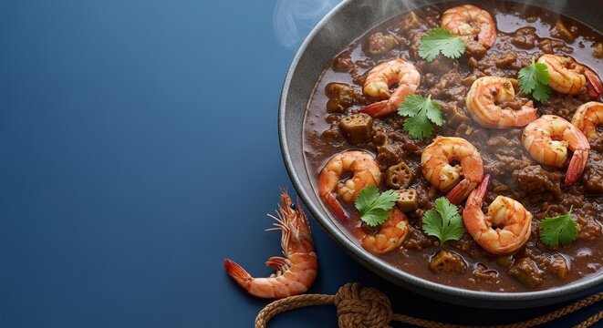 Authentic Gombo aux Crevettes: Shrimp and Okra Stew in Deep Bowl with Blue Copy Space for Recipe Text