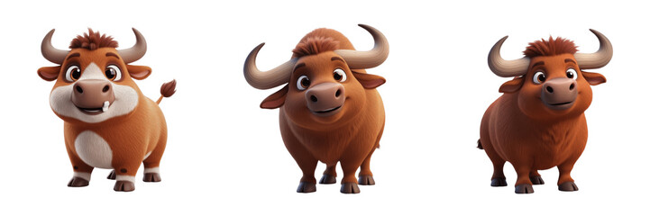 Cute Bull and Ox Character Set, 3D Cartoon Farm Animal Mascot in Different Poses, Strong Brown Buffalo Illustration, Isolated on White Background PNG © QUO YEAT