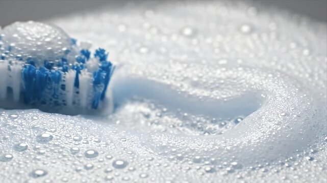 Extreme close-up macro shot of blue bristled toothbrush head covered in foamy white toothpaste and water bubbles slow