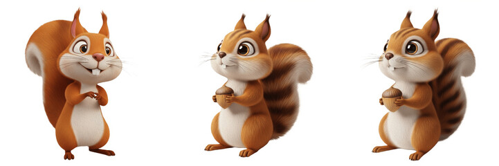 Fototapeta premium 3D Cute Squirrel Character Set, Funny Chipmunk Mascot Collection with Acorn, Friendly Woodland Animal Illustration, Isolated on White Background, Transparent PNG Clipart