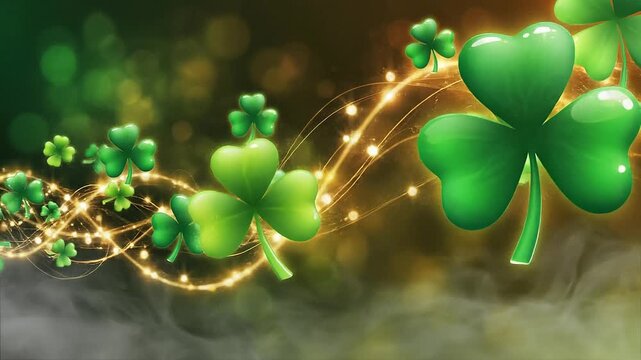 A festive St. Patrick's Day shamrock background loop with sparkling lights and green clovers on a dark, bokeh-effect backdrop.