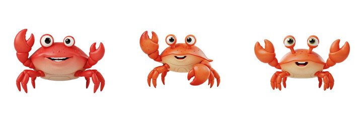3D Cute Orange Red Crab Character Set, Funny Ocean Crustacean Mascot Collection, Friendly Sea Animal Illustration, Isolated on White Background, Transparent PNG © QUO YEAT