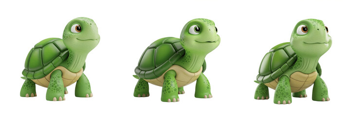 Fototapeta premium Cute Green Turtle Cartoon Character Set, Funny Tortoise Mascot Collection, 3D Render Isolated on White Background, Transparent PNG Clipart, SEO Keywords