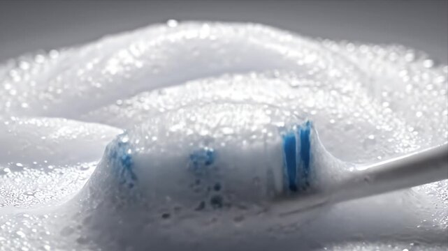 Extreme Macro Close Up Of Toothbrush Bristles Covered In White Foam With Blue Accents In Soft Studio Lighting