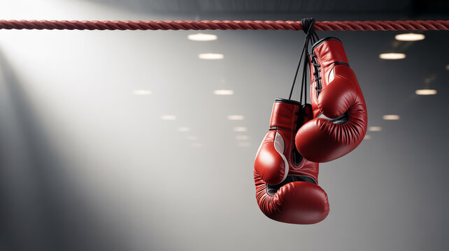 Red boxing gloves hanging on ring ropes under dramatic spotlight in empty arena. Smoky atmosphere, shadows, intense mood. Symbol of fight's end, rest after battle, motivation, strength and resilience 