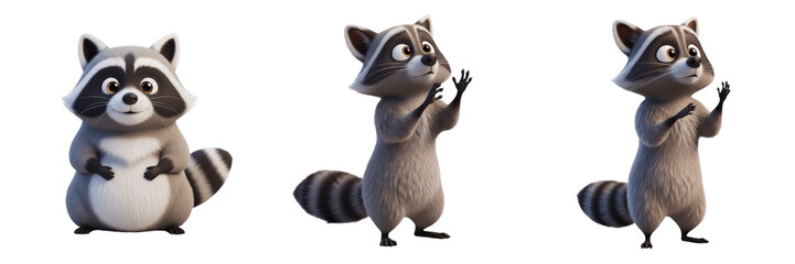 Cute Raccoon Cartoon Mascot Set, Funny Procyonid Forest Animal Character Illustrations, 3D Render Wild Scavenger Stickers, Isolated Raccoon PNG Collection for Kids Creative Projects © QUO YEAT