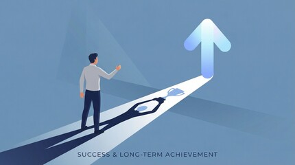 Obraz premium Man on an illuminated path moving towards an upward arrow, illustrating ambition, strategic planning, and the pursuit of professional success, long-term achievement
