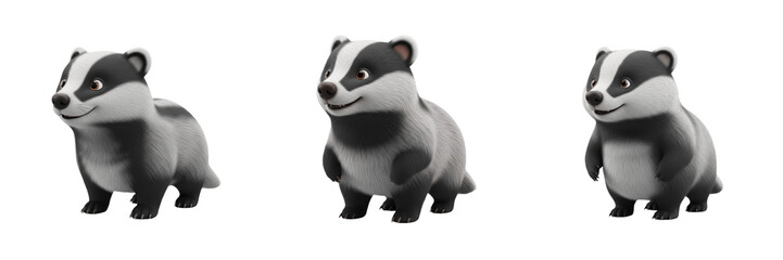 Cute Badger Cartoon Mascot Set, Funny Forest Animal Character Illustrations, 3D Render Wild Mammal Stickers, Isolated Badger PNG Collection for Kids Creative Projects © sorab