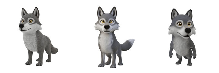 Obraz premium Cute Wolf Cartoon Mascot Set, Funny Grey Timber Wolf Character Illustrations, 3D Render Wild Canine Stickers, Isolated Wolf PNG Collection for Kids Creative Projects