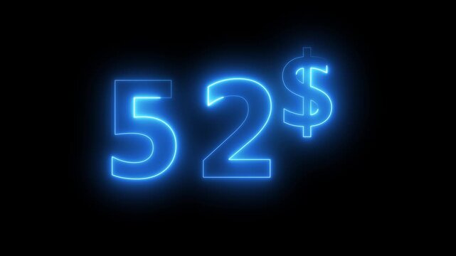 Neon 52 dollar price tag animation motion graphics business, technology, internet and networking concept. 4k video animation on background.