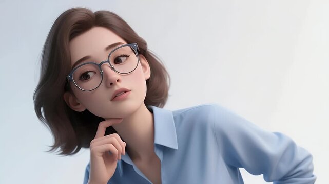 Thoughtful young woman in glasses with a contemplative expression, ideal for lifestyle and self-improvement themes.