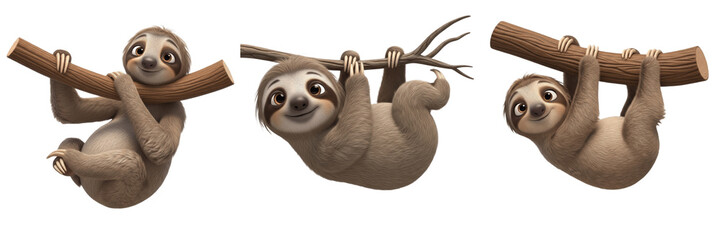 Fototapeta premium Cute Sloth Cartoon Mascot Set, Funny Three-Toed Arboreal Character Illustrations, 3D Render Tropical Animal Stickers, Isolated Sloth PNG Collection for Kids Creative Projects
