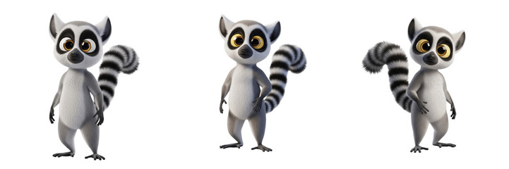 Cute Lemur Cartoon Mascot Set, Funny Ring-Tailed Primate Character Illustrations, 3D Render Madagascar Forest Animal Stickers, Isolated Lemuridae PNG Collection for Kids Creative Projects © sorab