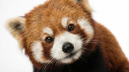 Adorable red panda cub with curious eyes and fluffy red fur, beautifully highlighted in a close-up against a pristine white background, capturing its innocent and captivating charm