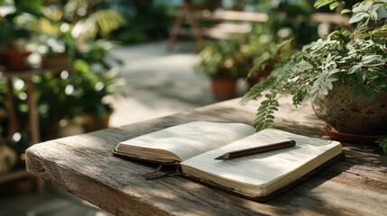 Morning outdoor relaxation with open journal and pencil on wooden garden table in lush greenery