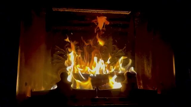 Dynamic bright orange flames dancing on burning logs in a dark fireplace, high frame rate.