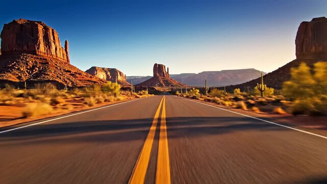 Scenic Desert Road Leading to Majestic Rock Formations Under Clear Blue Sky.