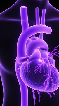 Futuristic CGI visualization of aging cardiovascular system showing stiffened blood vessels in vibrant purple glowing against a dark medical background suitable for healthcare education and