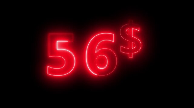 Neon 56 dollar price tag animation motion graphics business, technology, internet and networking concept. 4k video animation on background.