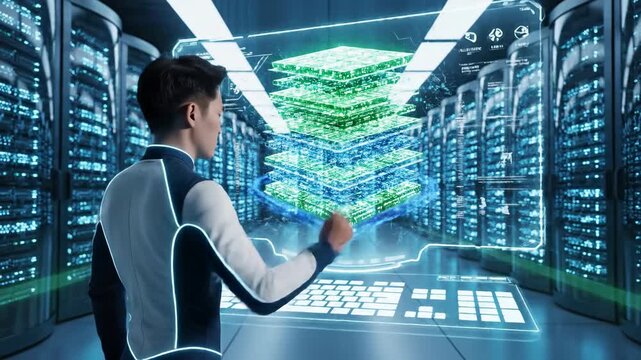 Data analyst interacts with data on glowing interface