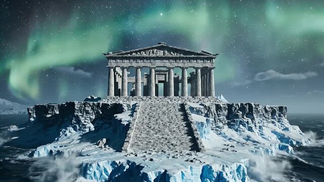 Classical Greek Temple Ruins Resting on a Floating Iceberg Beneath the Aurora Borealis Over the Stormy Arctic Ocean